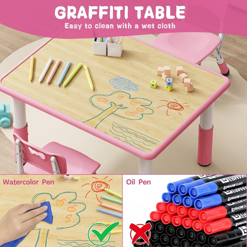 Brelley Kids Table and 2 Chairs Set, Height Adjustable Toddler Desk 31.5" L x 23.6" W and Chair Set, Graffiti Desktop, Classroom/Daycare/Home, Children Multi-Activity Table for Ages 2-8 - Image 2